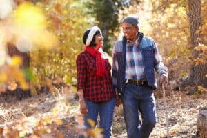 Senior couple taking a walk on a fall day 